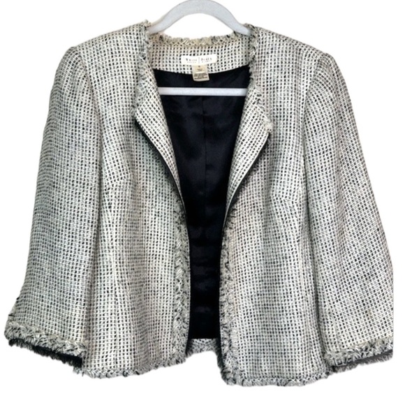WHBM Tweed Fringe Jacket Black White 3/4 Sleeves Sz 12 - Picture 17 of 17